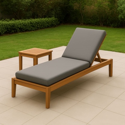 Lettino prendisole in legno massello con cuscino grigio regolabile per esterni 200 cm x 70 cm x 35 cm con tavolino laterale-Renolivro