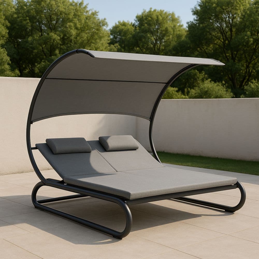 Lettino prendisole doppio con tettoia curva in alluminio e tessuto grigio 200x150 cm-Renolivro