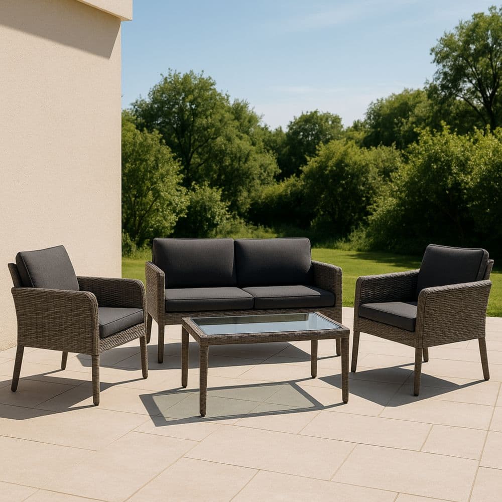 Set Salotto per Esterni in Rattan Sintetico con Cuscini Grigio/Antracite Tavolino in Vetro Temperato 4 Pezzi-Renolivro