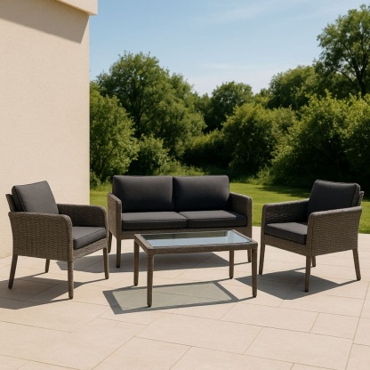 Set Salotto per Esterni in Rattan Sintetico con Cuscini Grigio/Antracite Tavolino in Vetro Temperato 4 Pezzi-Renolivro
