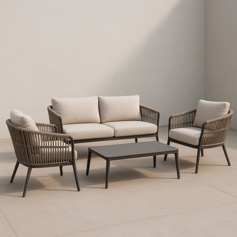 Set Divani Esterni in Alluminio e Rattan Sintetico Taupe/Beige con Tavolino Rettangolare-Renolivro