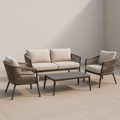 Set Divani Esterni in Alluminio e Rattan Sintetico Taupe/Beige con Tavolino Rettangolare-Renolivro