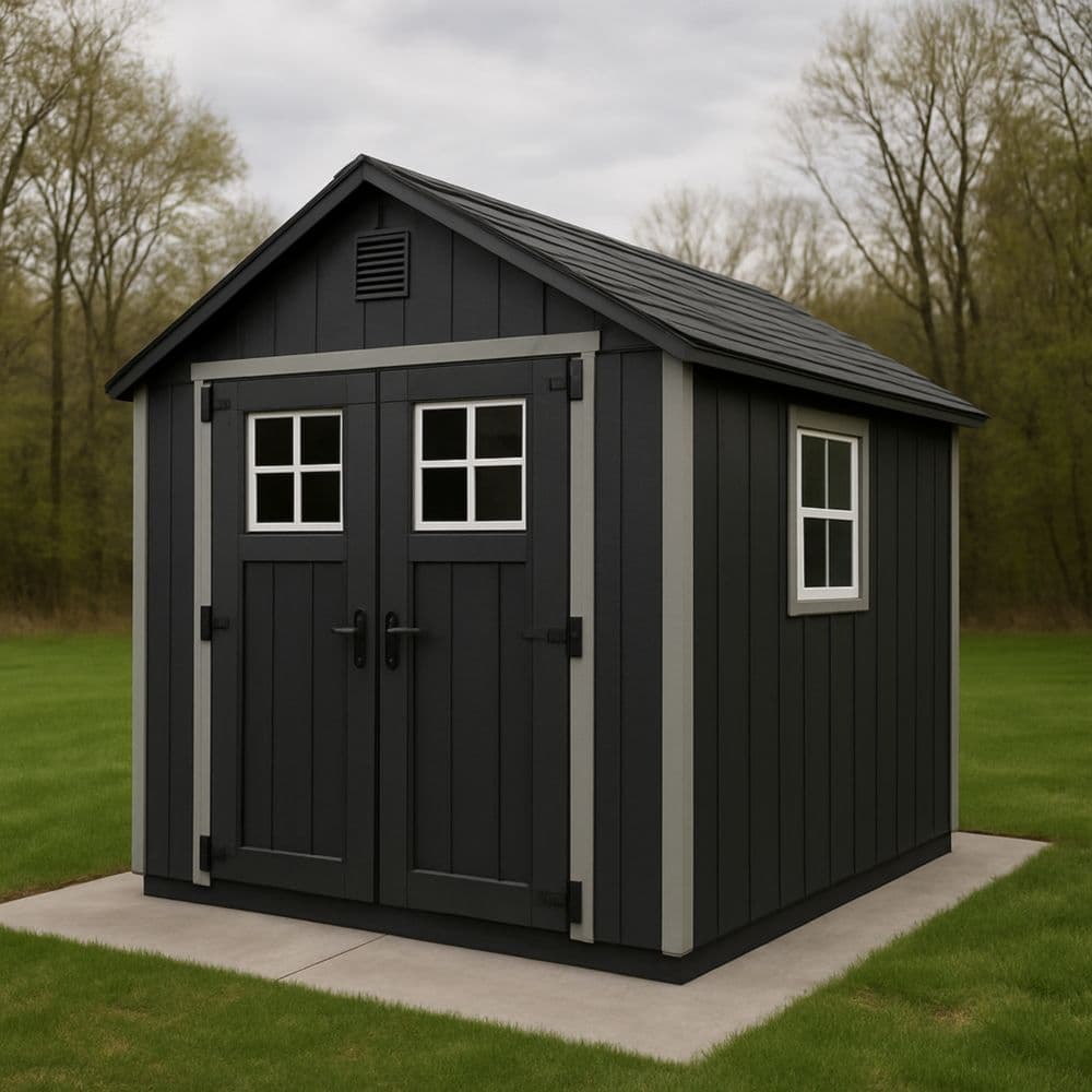 Capanno attrezzi in resina nero/grigio con doppia porta finestre 240 cm x 180 cm x 210 cm-Renolivro