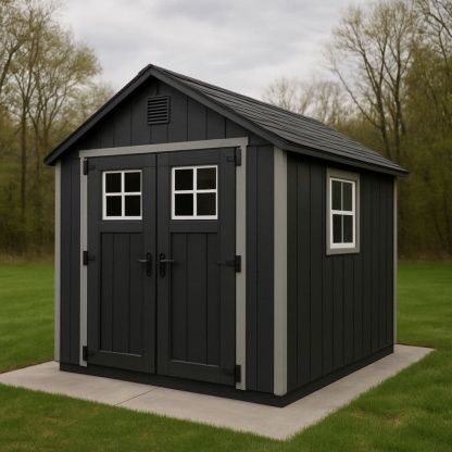 Capanno attrezzi in resina nero/grigio con doppia porta finestre 240 cm x 180 cm x 210 cm-Renolivro