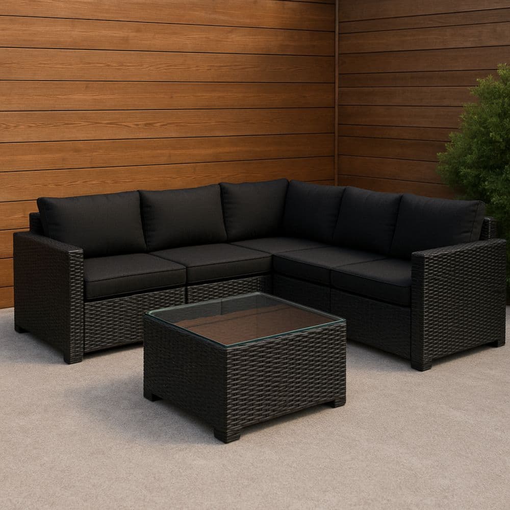 Set Divano da Giardino in Rattan Nero con Tavolino in Vetro-Renolivro