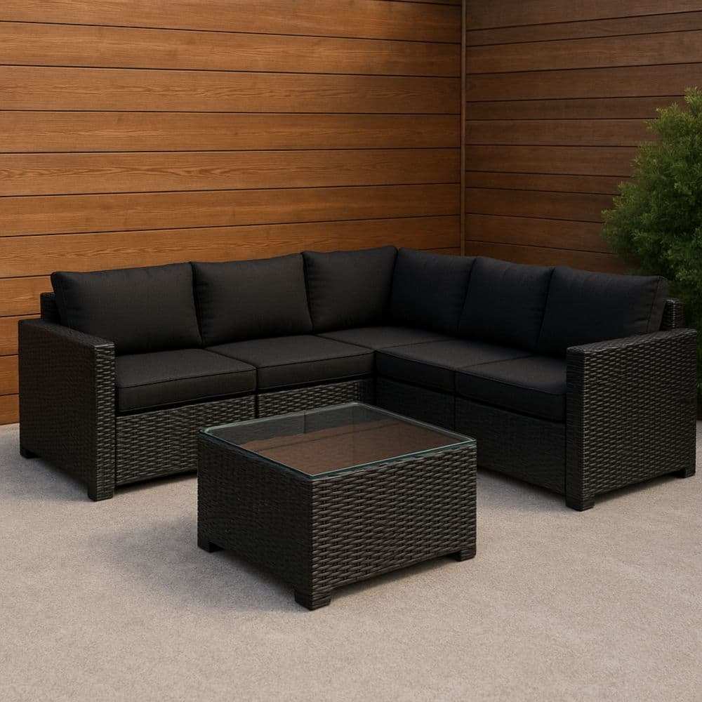 Set Divano da Giardino in Rattan Nero con Tavolino in Vetro-Renolivro