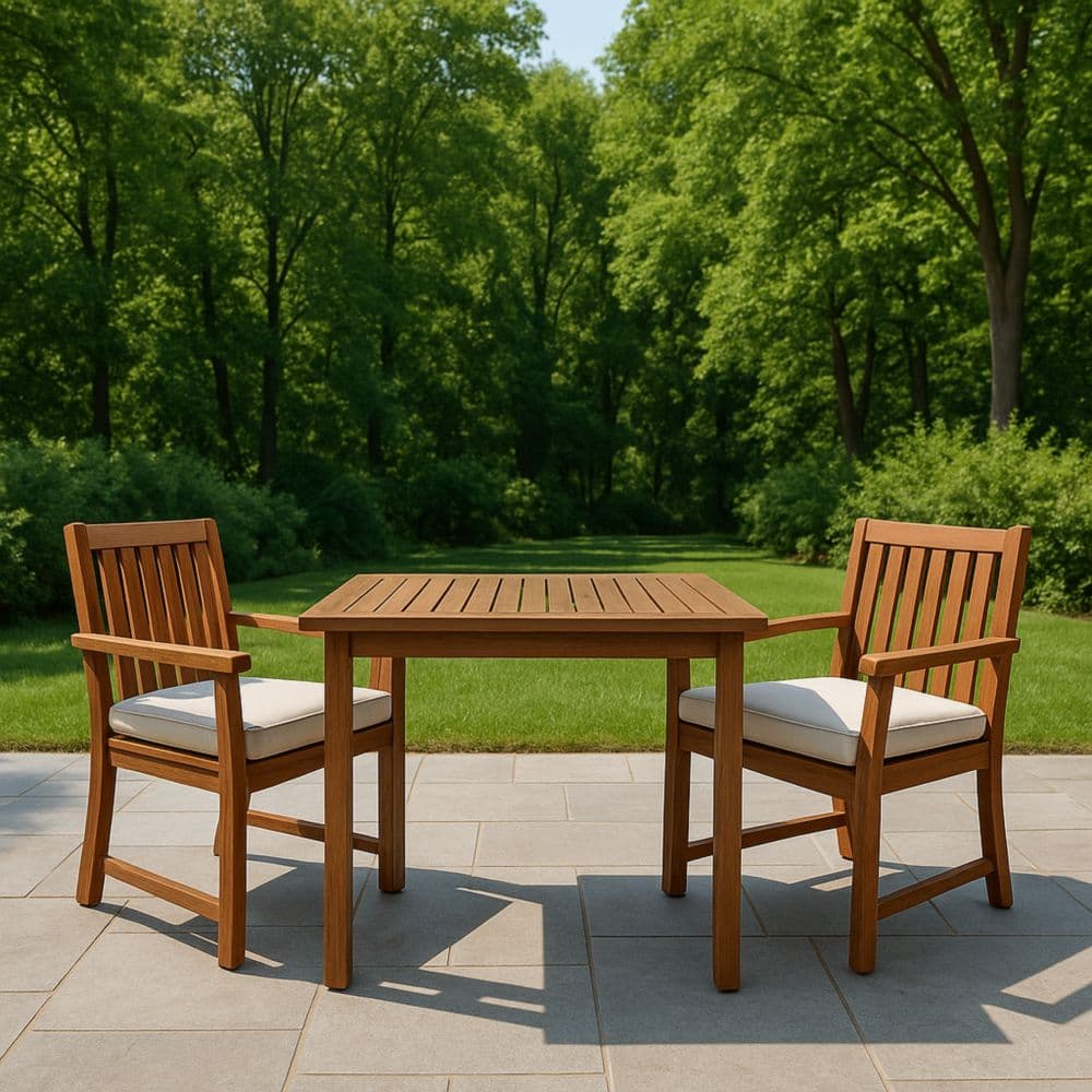 Set da Giardino in Legno di Teak con Tavolo Rettangolare e Due Sedie Cuscini Inclusi 150x90x75 cm-Renolivro