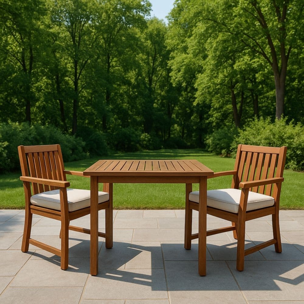 Set da Giardino in Legno di Teak con Tavolo Rettangolare e Due Sedie Cuscini Inclusi 150x90x75 cm-Renolivro