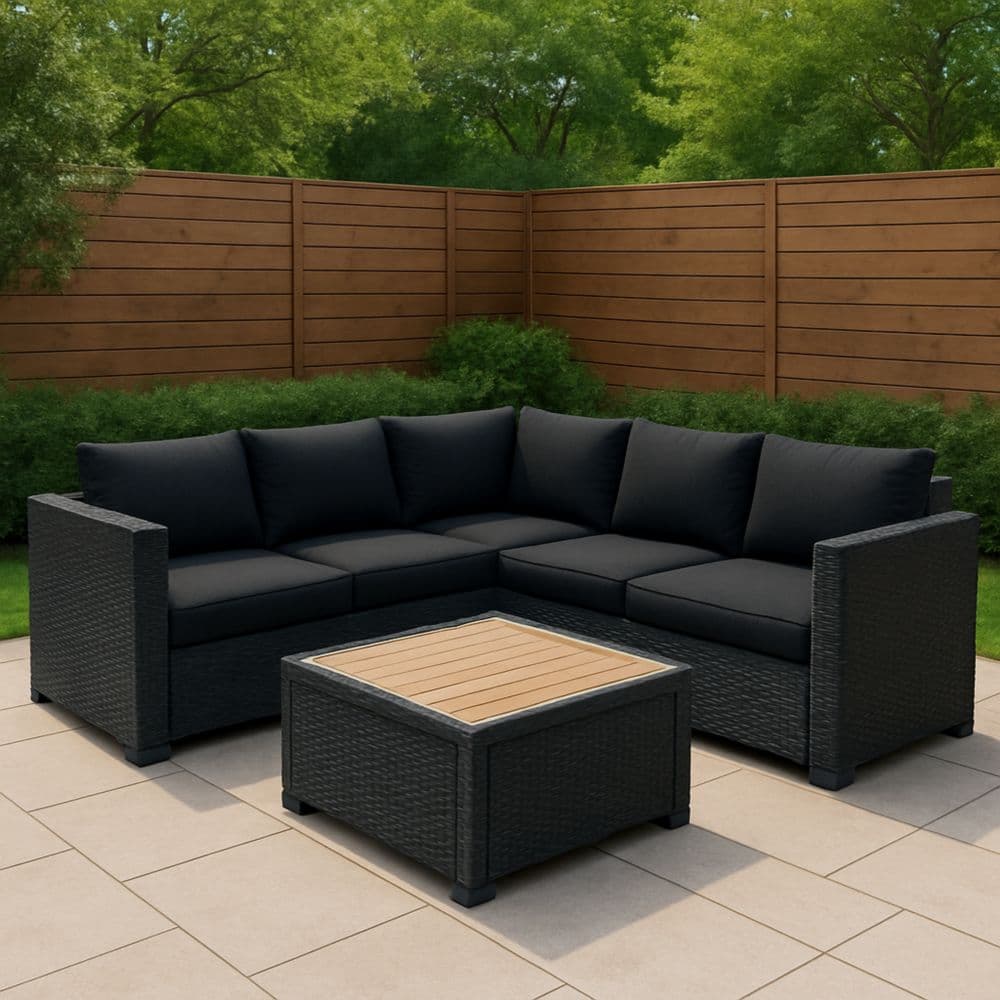 Set Divano da Giardino in Rattan Sintetico Nero con Tavolino e Cuscini Neri-Renolivro