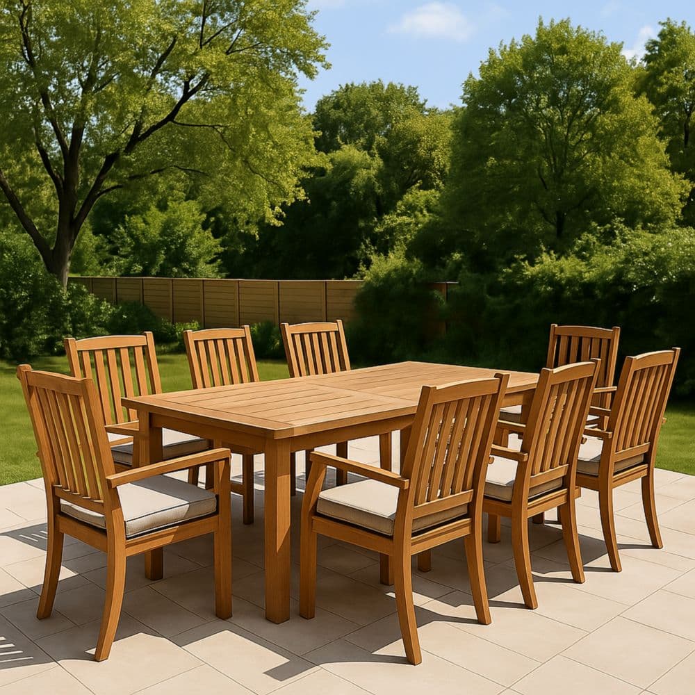 Set tavolo rettangolare e sedie in legno di acacia per esterni con cuscini beige-Renolivro