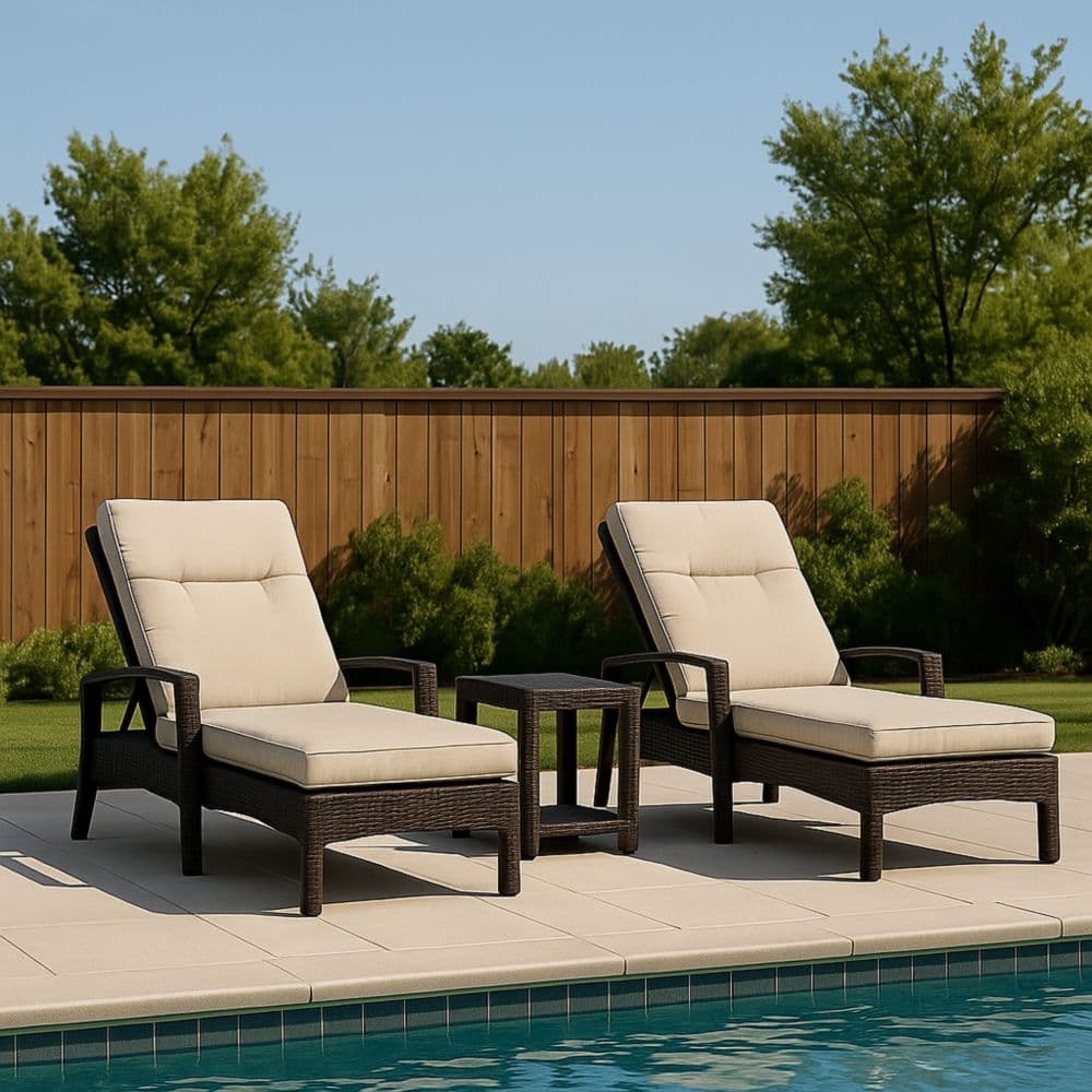 Set salotto da giardino lettini prendisole con tavolino rattan PE crema con cuscini in poliestere-Renolivro