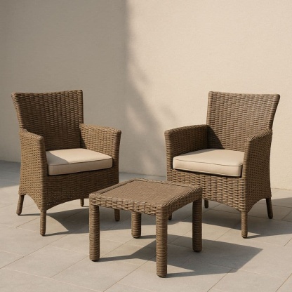 Set 2 Poltrone e Tavolino da Giardino in Polyrattan con Cuscini Sfoderabili Beige-Renolivro