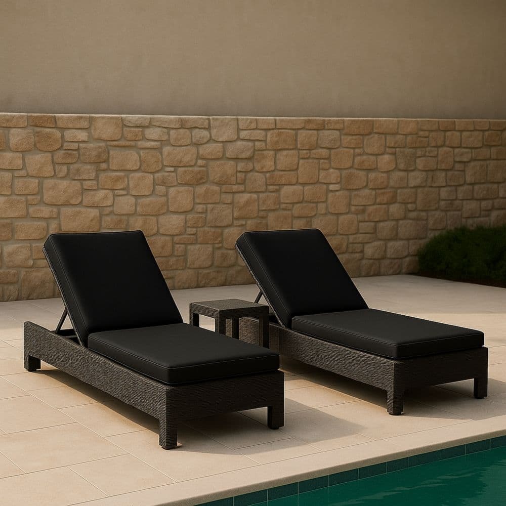 Lettino prendisole set 2 pezzi poliestere rattan sintetico nero imbottitura regolabile-Renolivro