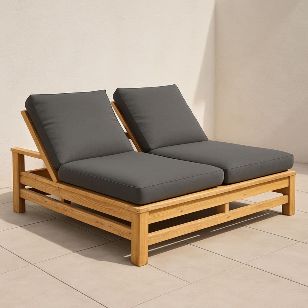 Lettino prendisole doppio in legno di teak e tessuto grigio antracite 200x140x35 cm-Renolivro