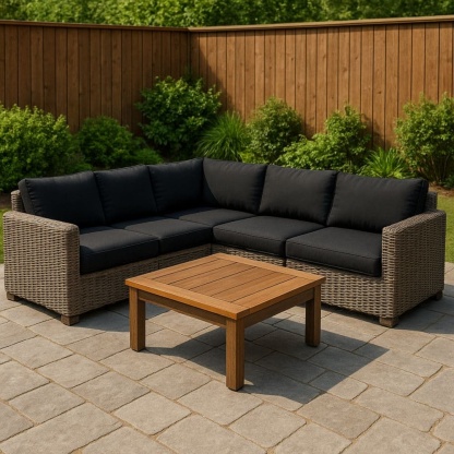 Set di Divani da Giardino in Rattan Sintetico Grigio con Cuscini Neri-Renolivro