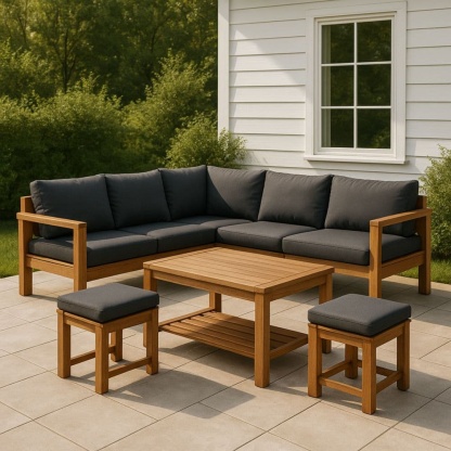 Set Salotto Esterno Angolare in Legno Massello di Teak Cuscini Grigio Antracite Tavolino-Renolivro