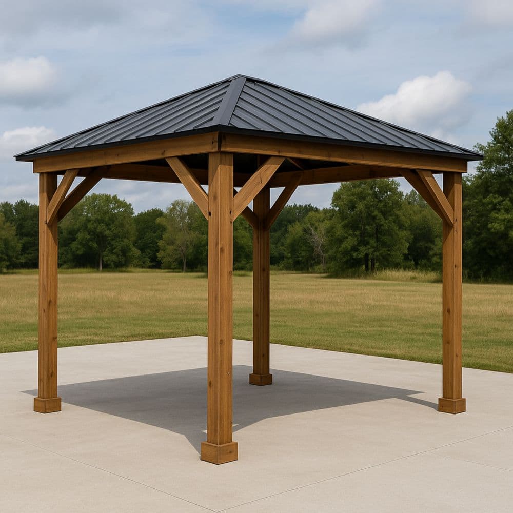 Gazebo da giardino in legno con tetto in metallo nero 300x300x260 cm-Renolivro