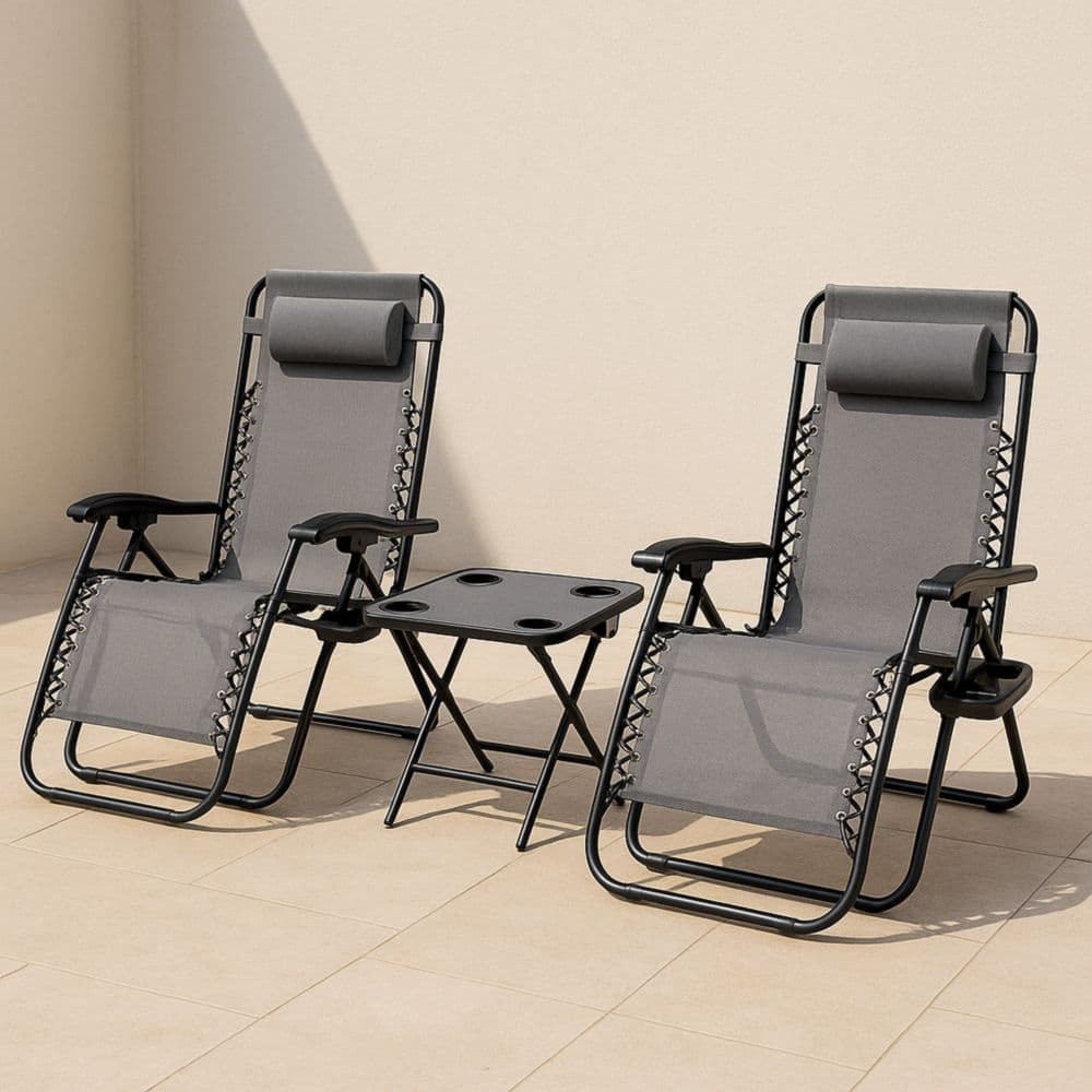 Set di 2 sedie a sdraio pieghevoli con tavolino acciaio tessuto poliestere grigio-Renolivro