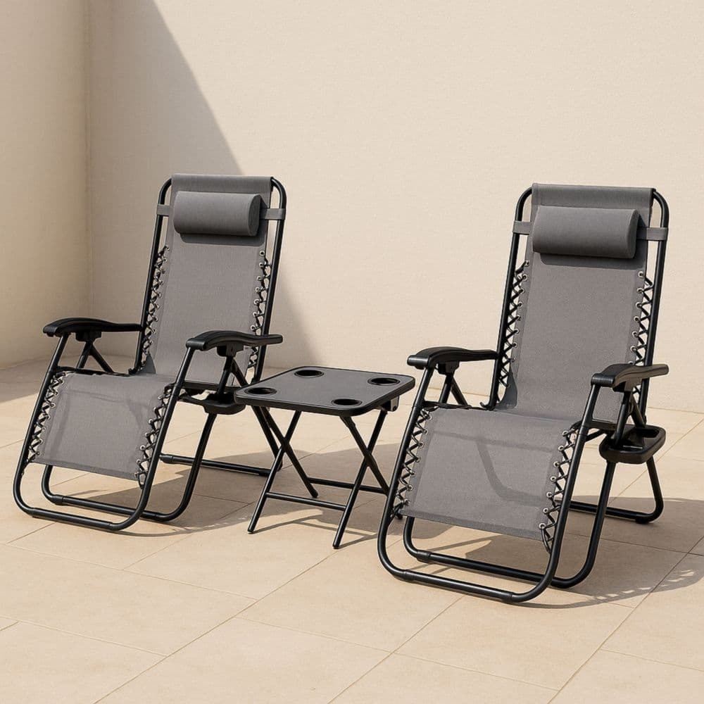 Set di 2 sedie a sdraio pieghevoli con tavolino acciaio tessuto poliestere grigio-Renolivro