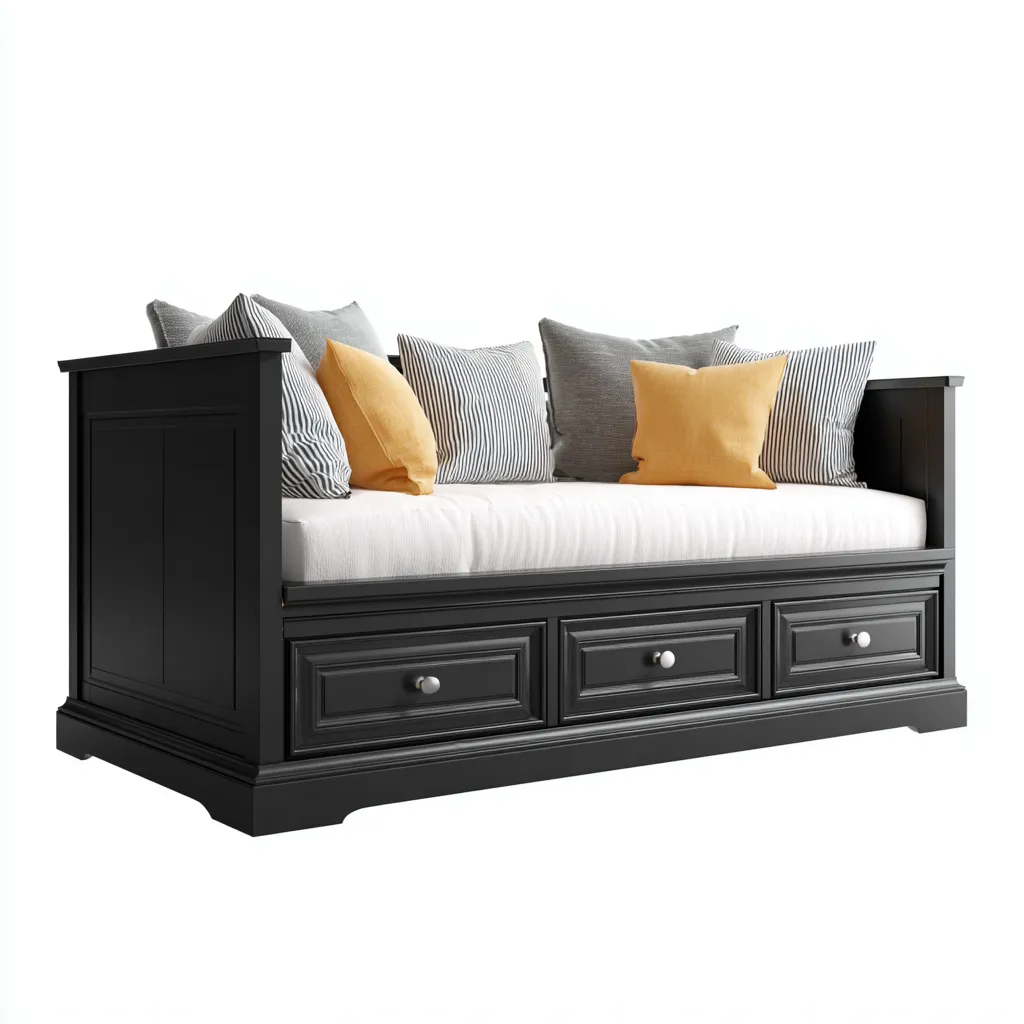 Divano letto legno 210x90x95 cm nero con 3 cassetti design classico-Abodeosa