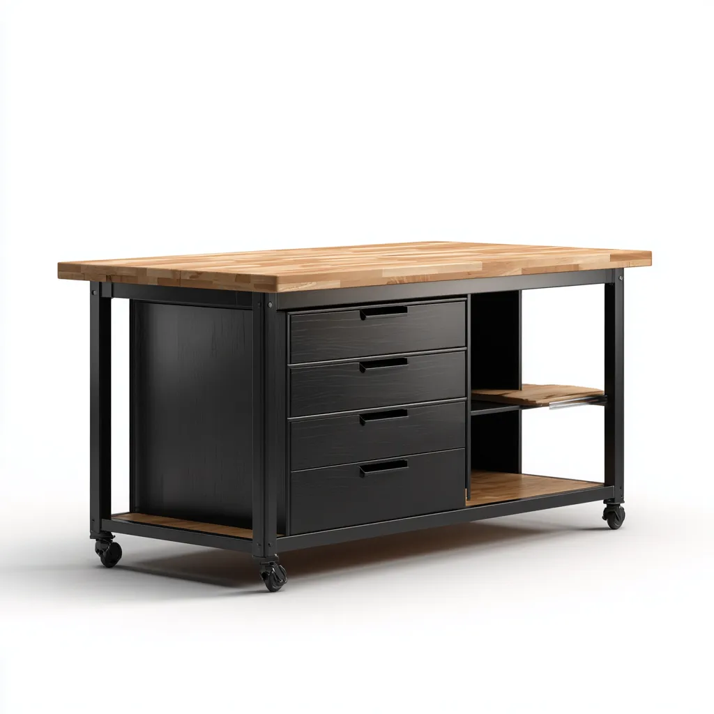 Isola da cucina in legno e metallo 150x70x90 cm nero-naturale - adatto al soggiorno - design moderno-Abodeosa