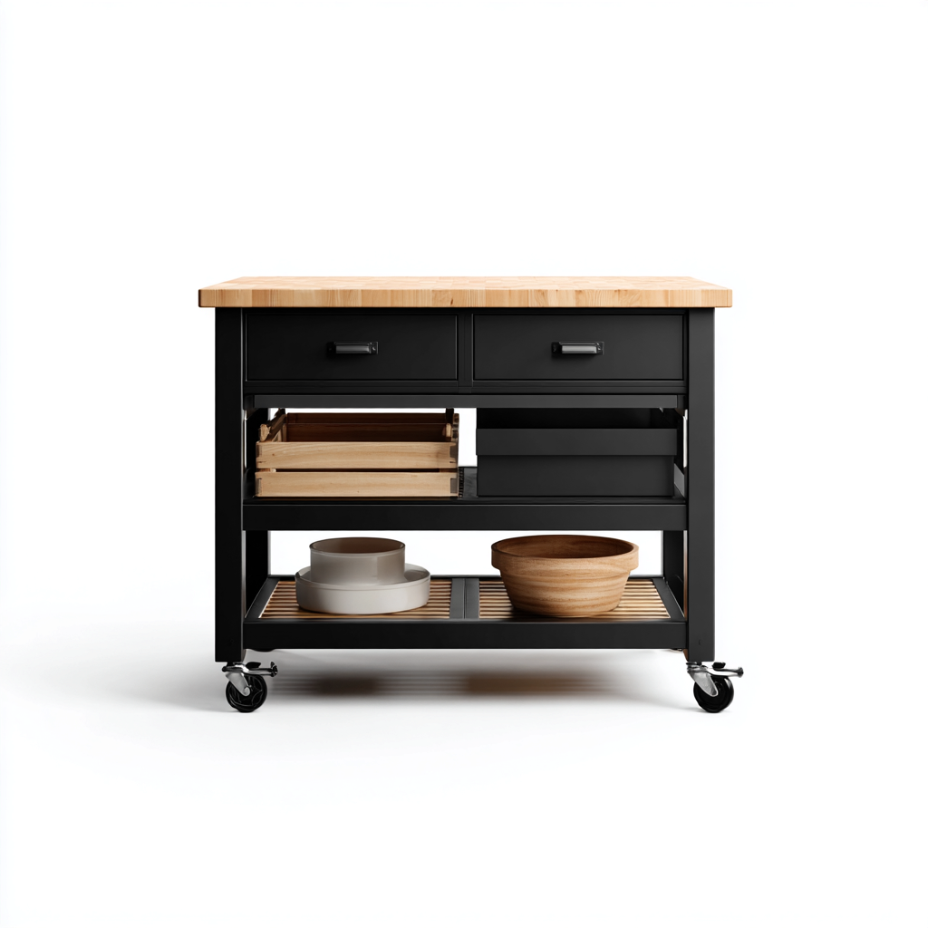 Isola da cucina legno-ferro nero-naturale 118x61x89 cm - piano di lavoro robusto-Abodeosa