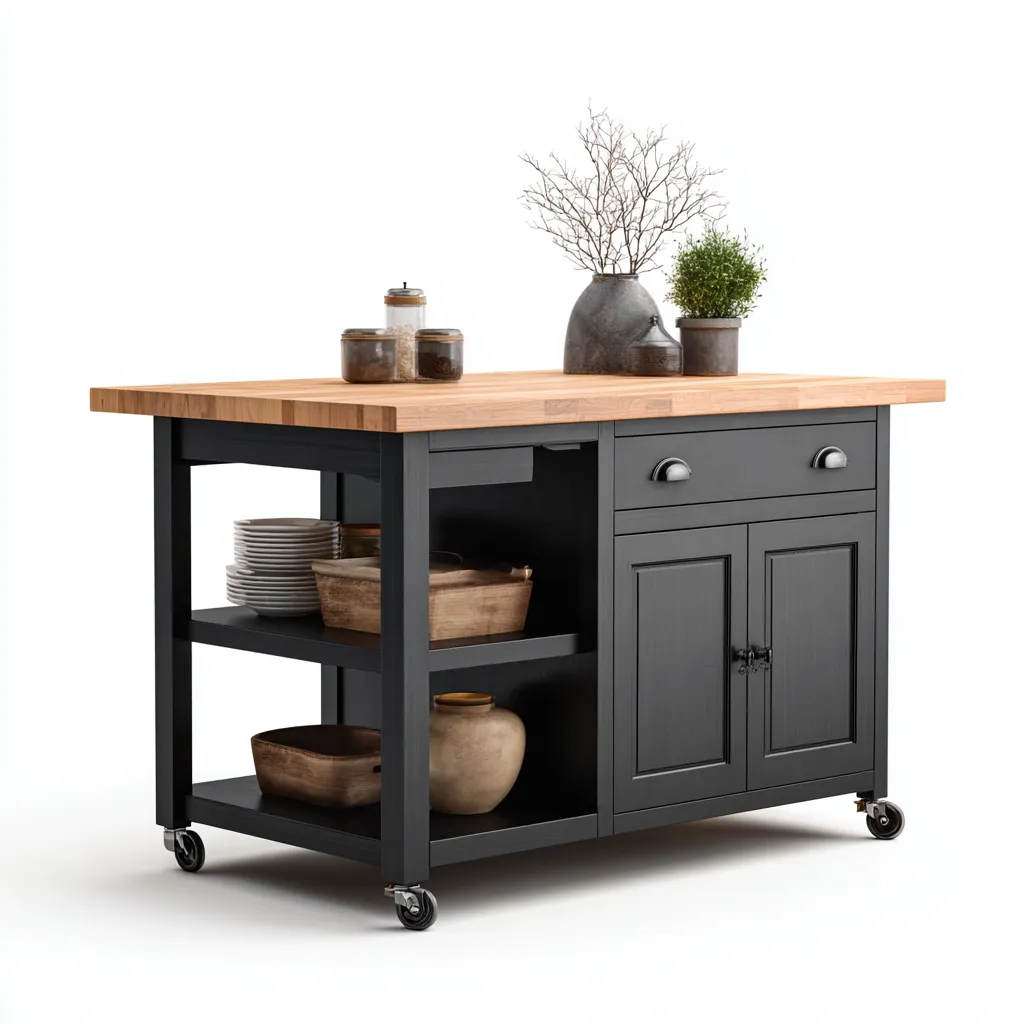 Isola da cucina legno-ferro nero-naturale 125x68x90 cm - piano di lavoro robusto-Abodeosa