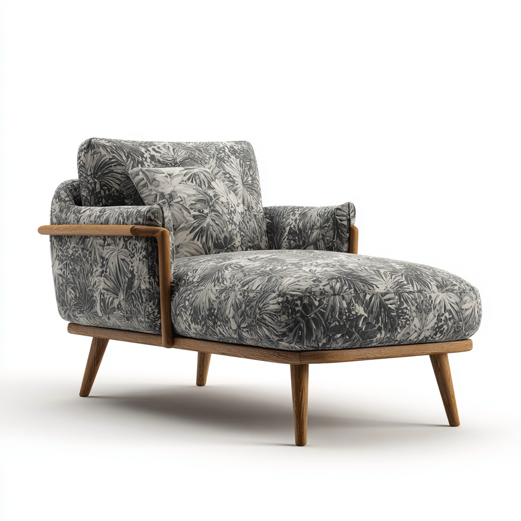 Chaise longue in tessuto 162x80x82 cm - motivo foglie-legno - design moderno - adatta al soggiorno-Abodeosa