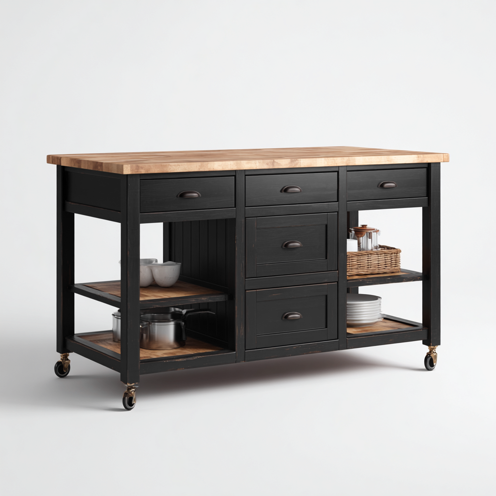 Isola da cucina - legno-metallo - 150x60x90 cm - nero-naturale - uso cucina - design classico-Abodeosa