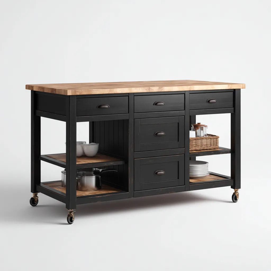 Isola da cucina - legno-metallo - 150x60x90 cm - nero-naturale - uso cucina - design classico-Abodeosa