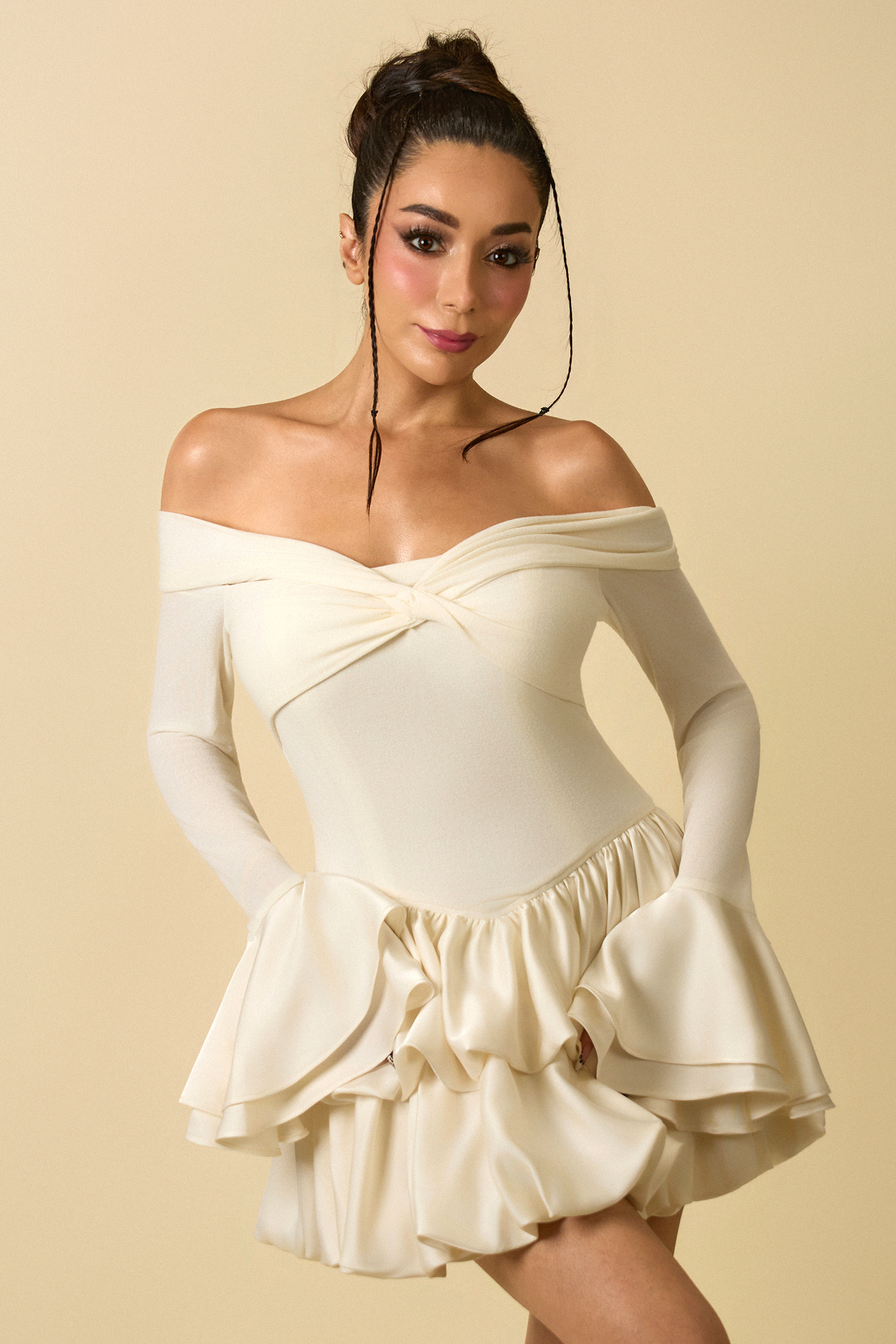 Jozie Elegant Contour Off Shoulder Long Sleeve Knot Ruffle Satin Knit Mini Dress