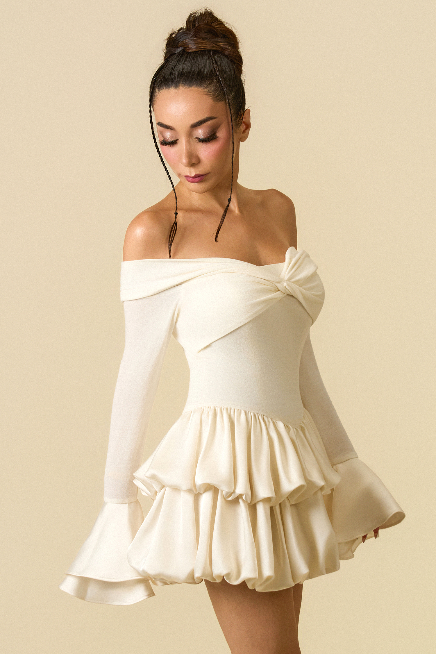 Jozie Elegant Contour Off Shoulder Long Sleeve Knot Ruffle Satin Knit Mini Dress