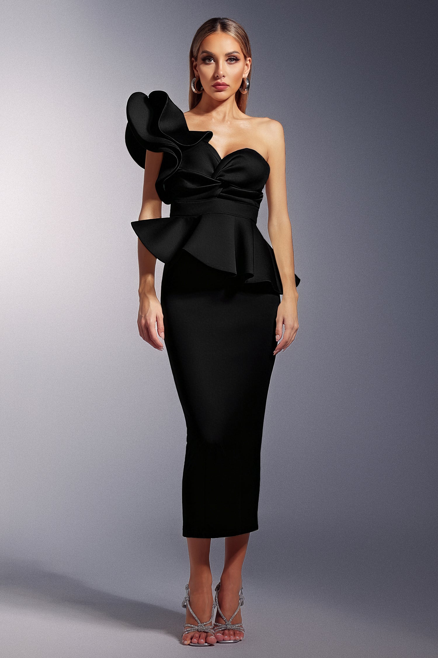 Luysa One Shoulder Asymmetry Black Midi Set