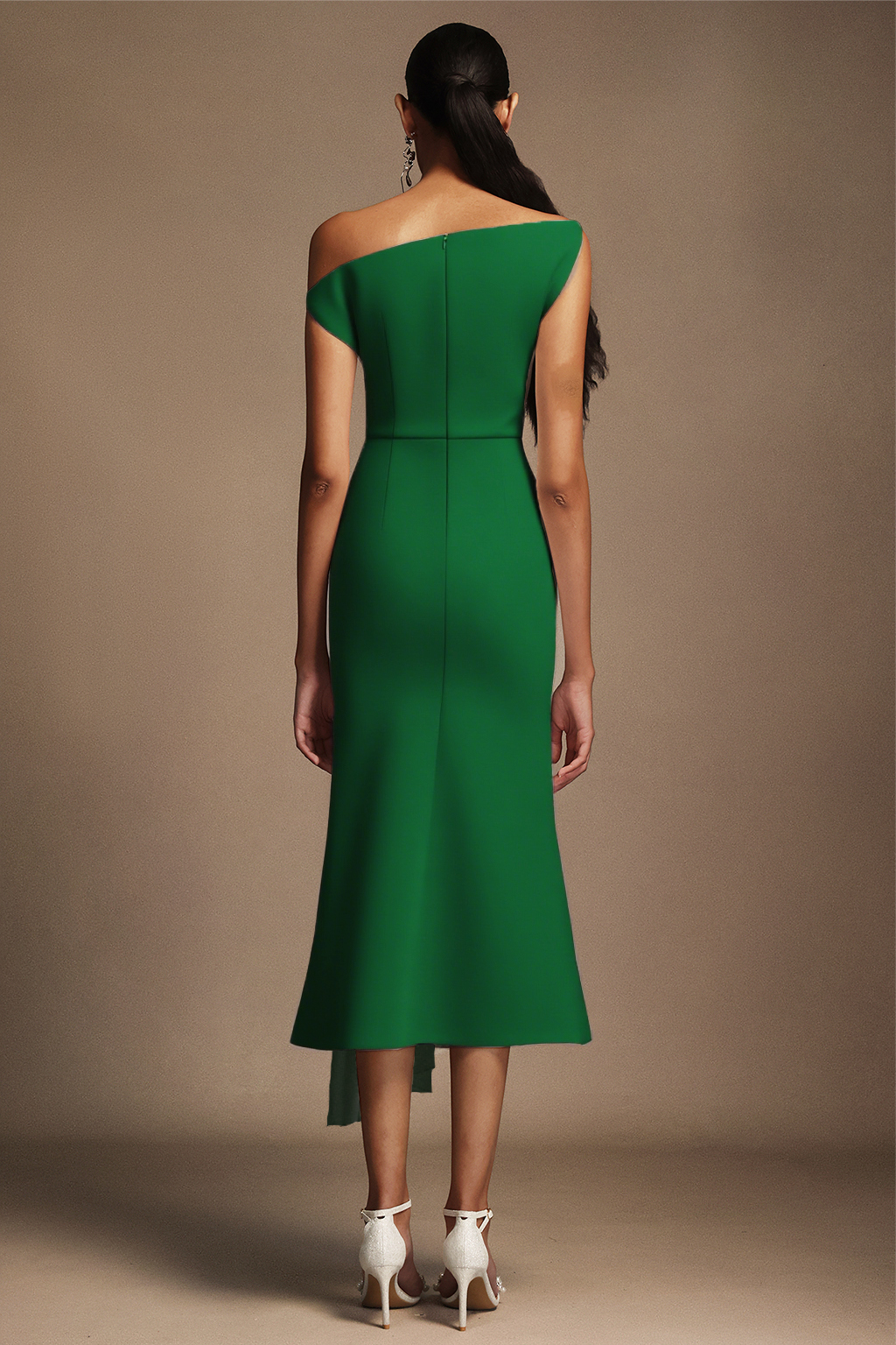 Paulina Oblique Shoulder Sleeveless Folds Green Midi Dress