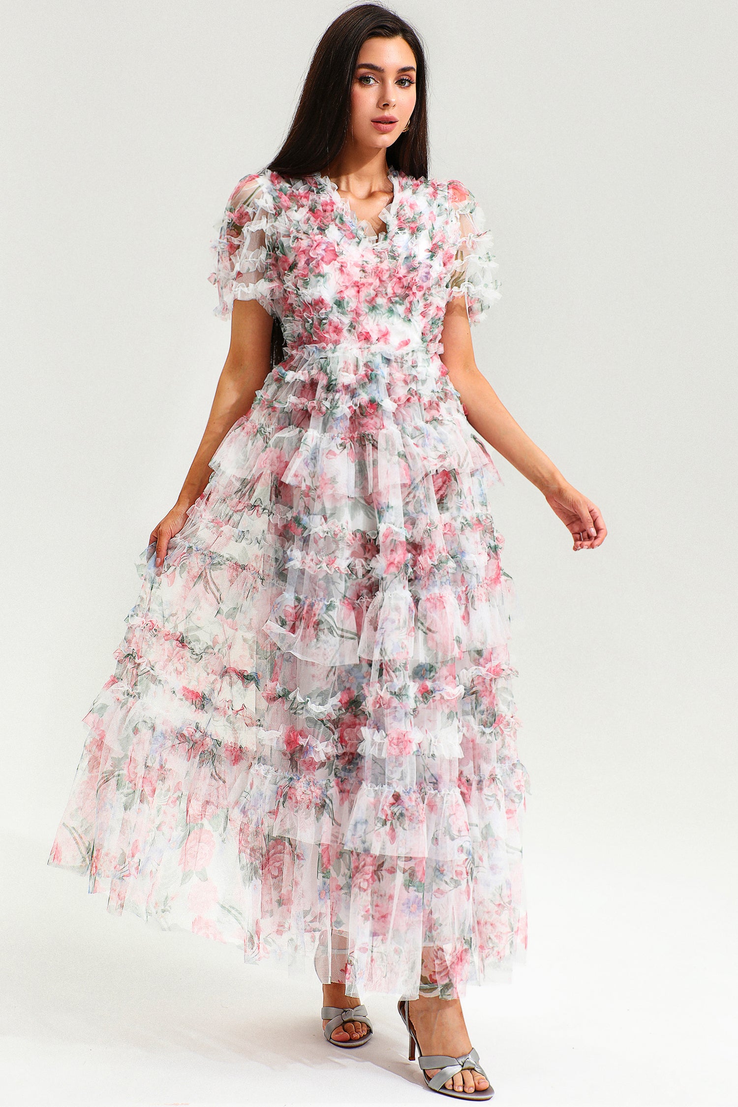 Floral V-Neck Short Sleeve Ruffle Tiered Hem Maxi Dress