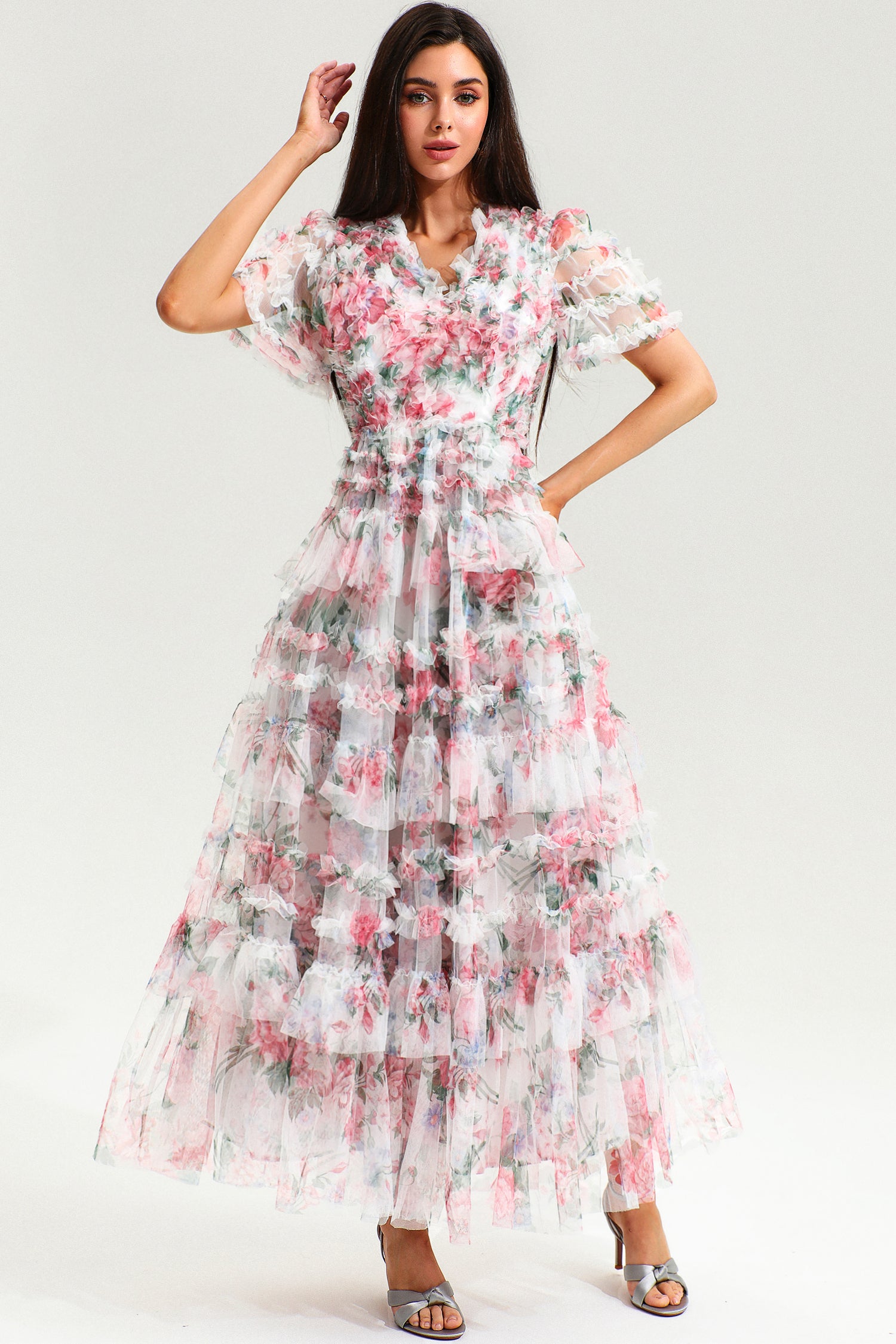 Floral V-Neck Short Sleeve Ruffle Tiered Hem Maxi Dress