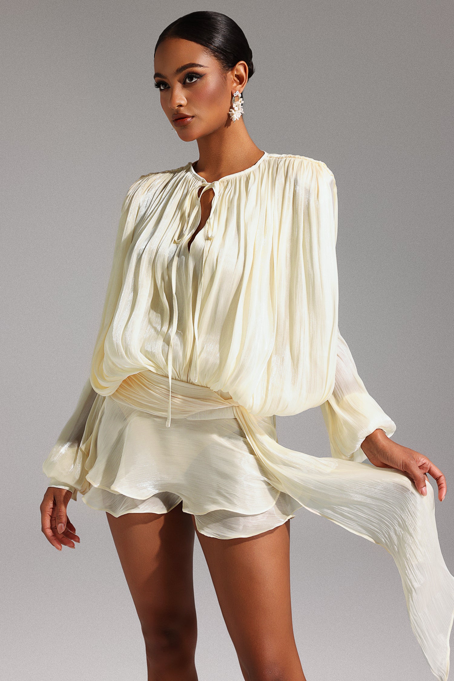 Dekia Long Sleeve Hollow Out Flounce Mini Top