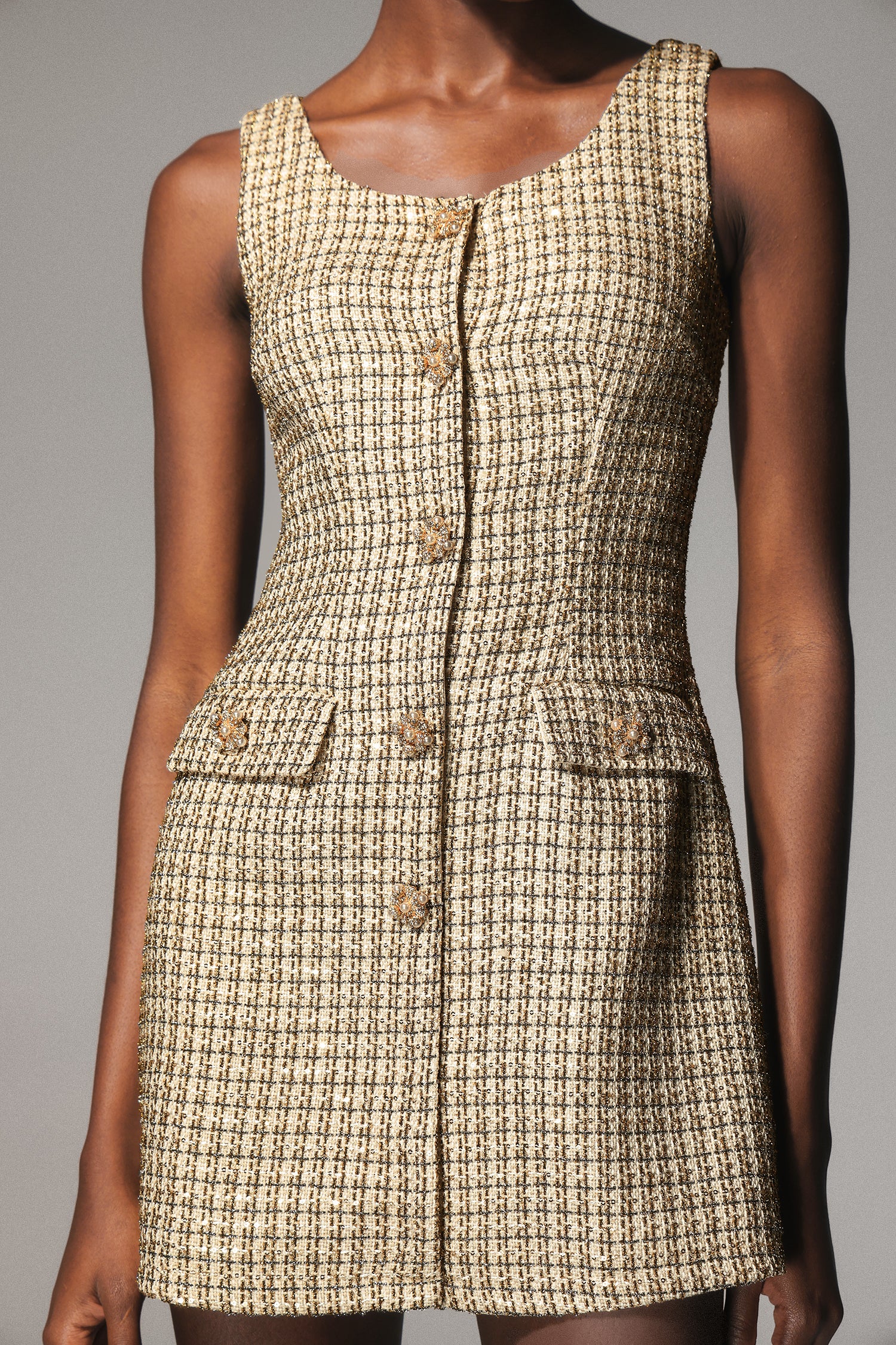 Kawko Diamond Button Sleeveless Tweed Mini Dress