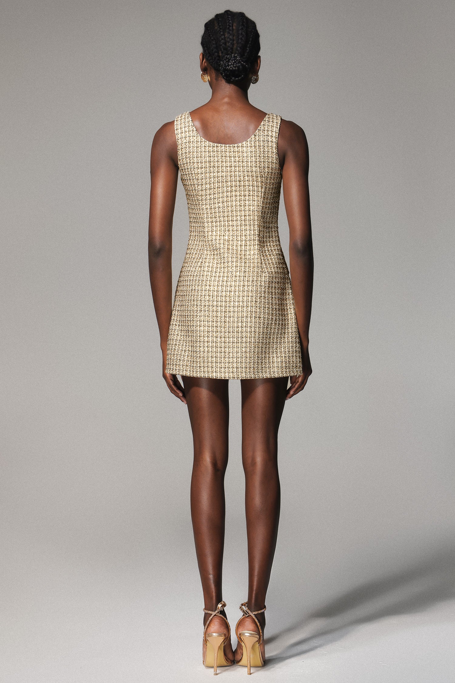 Kawko Diamond Button Sleeveless Tweed Mini Dress