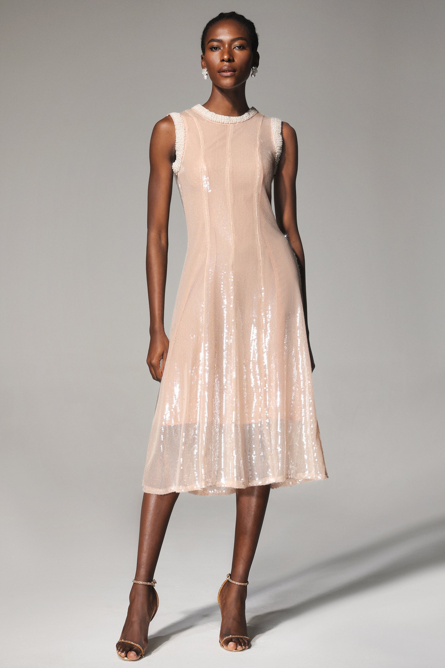 Ksenia Round Neck Pearl Sleeveless Sequin Midi Dress