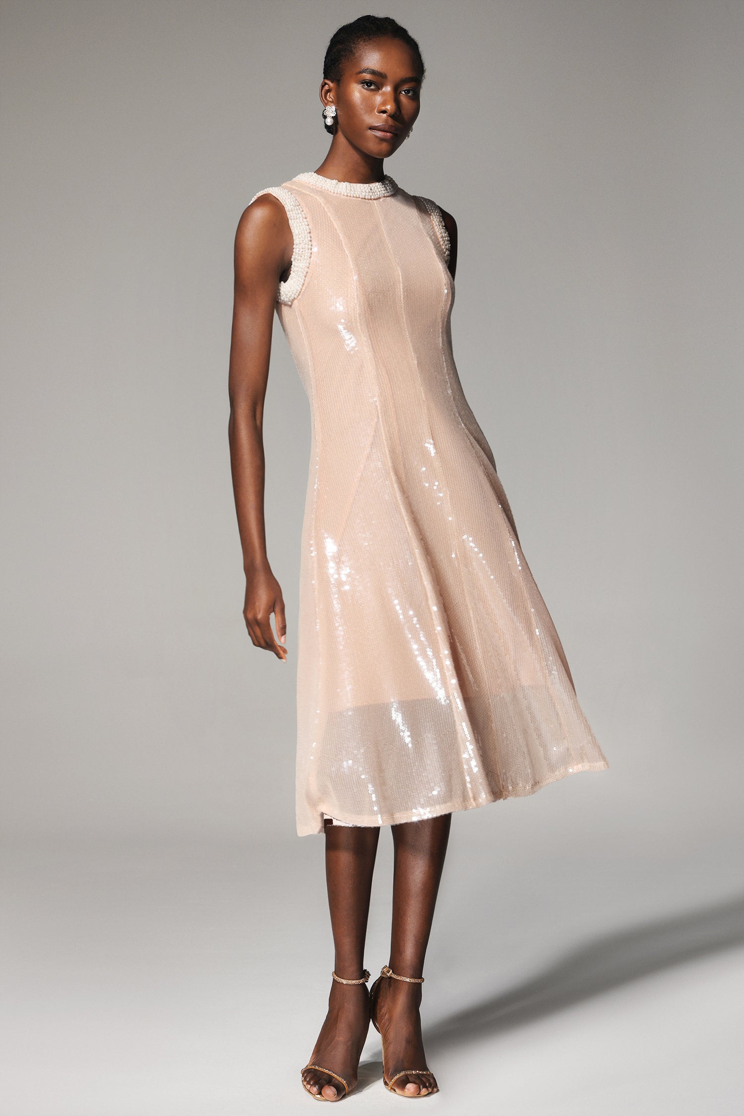 Ksenia Round Neck Pearl Sleeveless Sequin Midi Dress