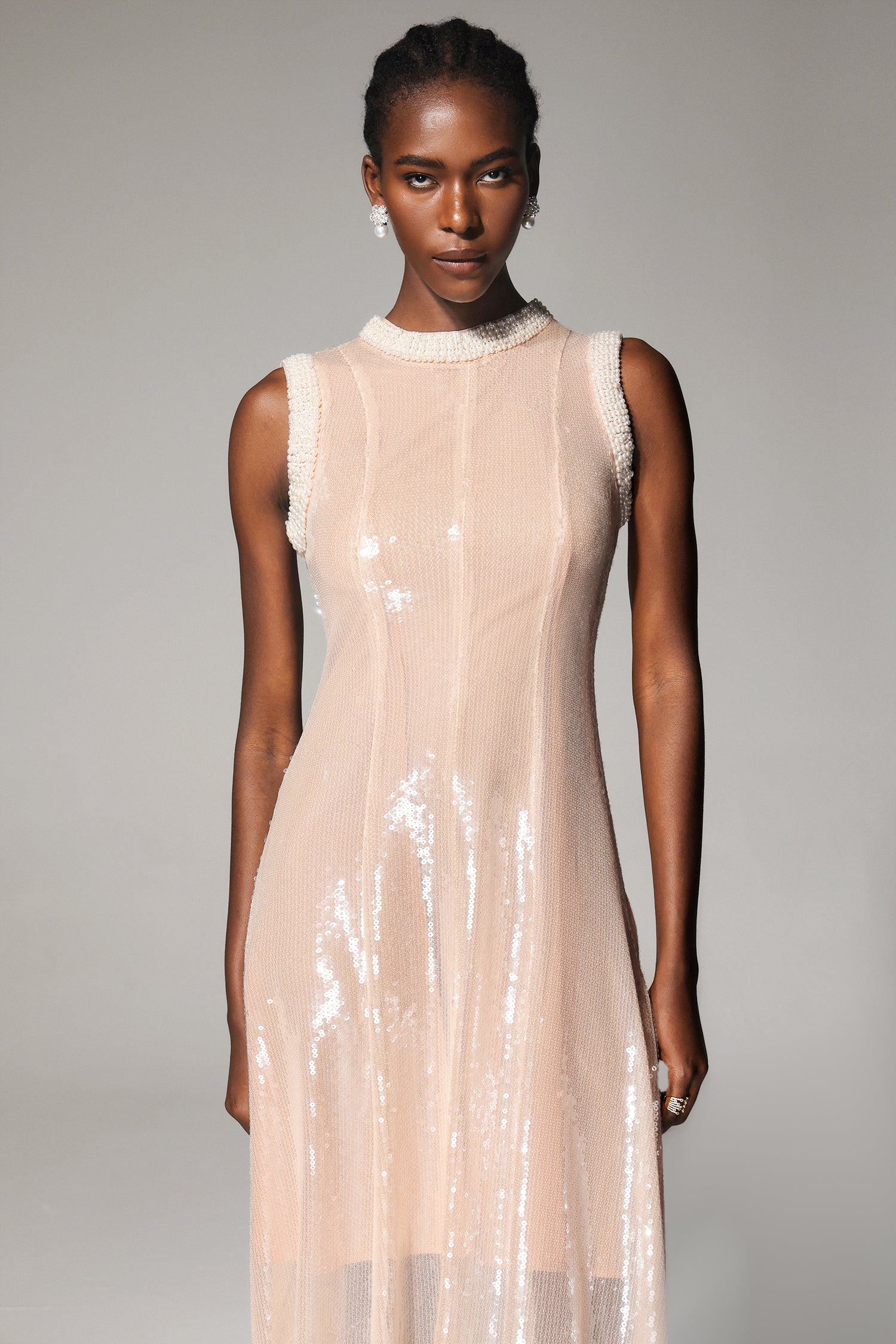 Ksenia Round Neck Pearl Sleeveless Sequin Midi Dress