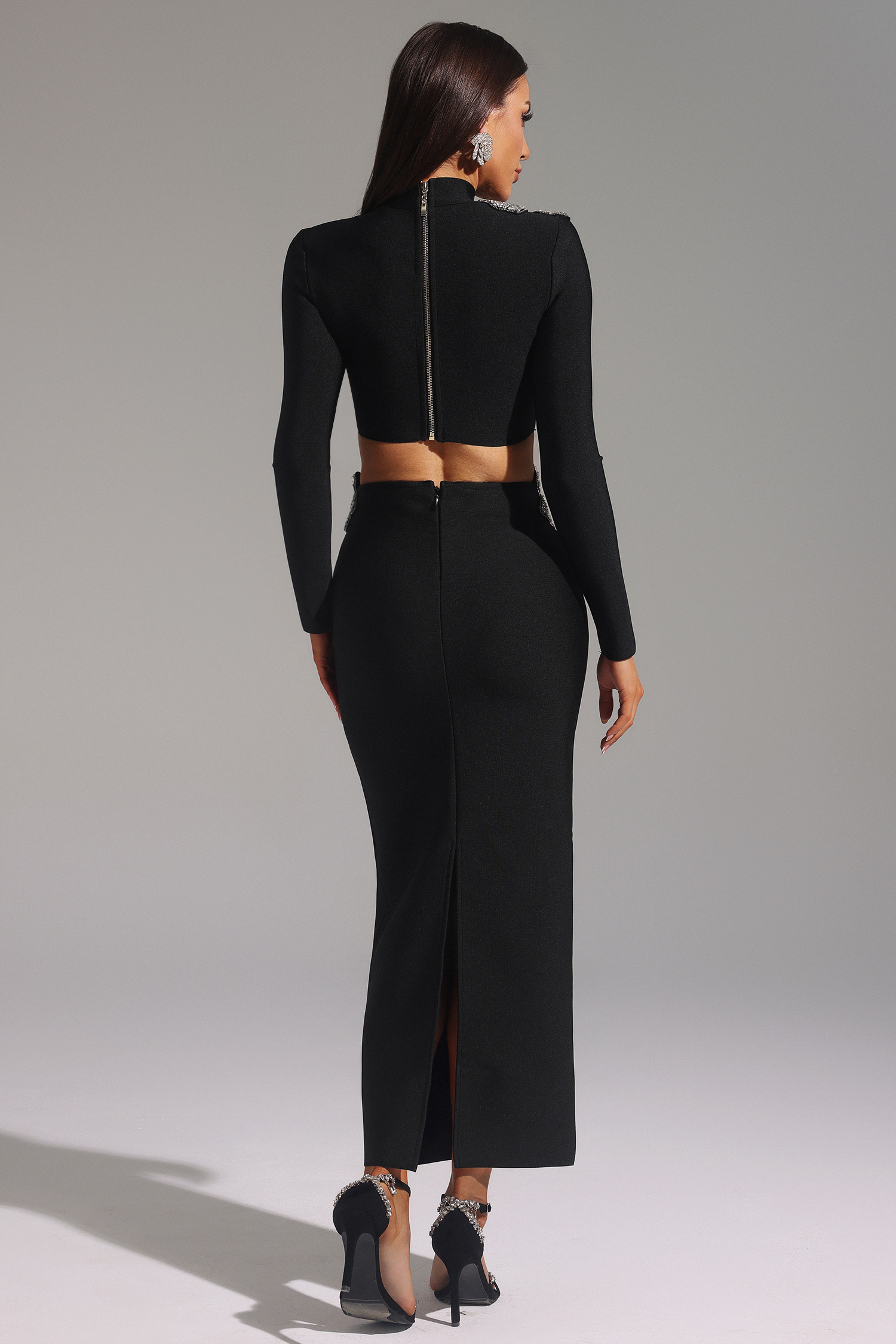 Ulama Choker Long Sleeve Diamond Flowers Bandage Maxi Two-Piece Set