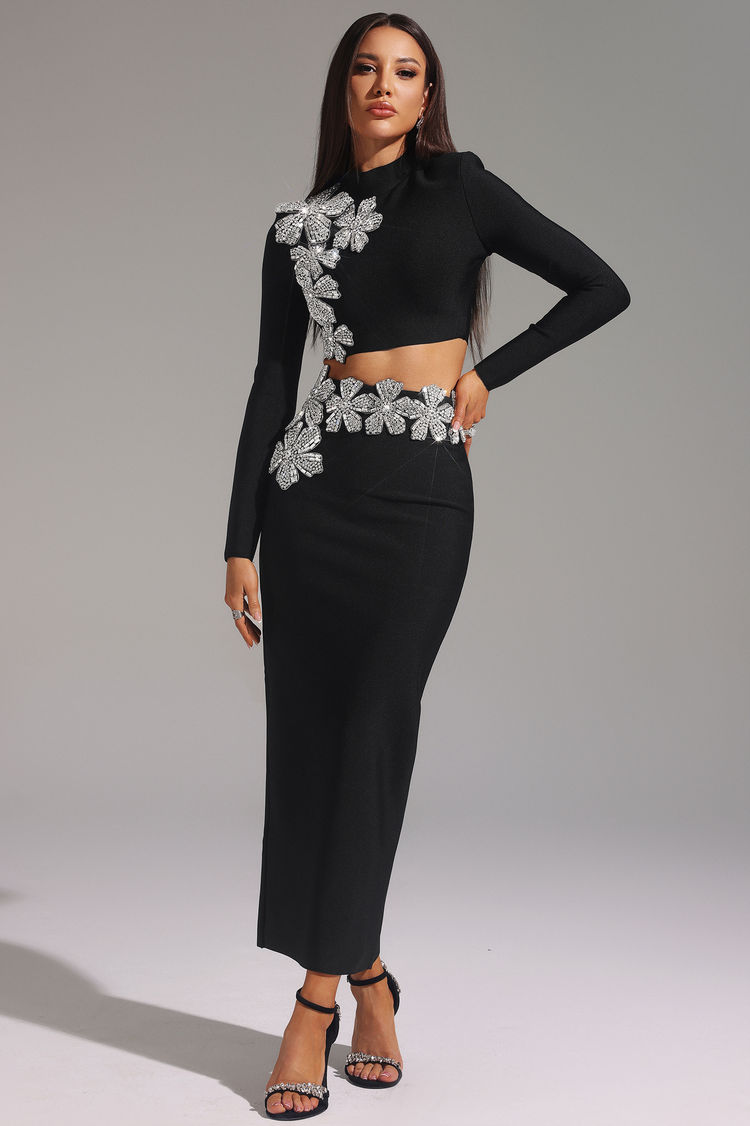 Ulama Choker Long Sleeve Diamond Flowers Bandage Maxi Two-Piece Set