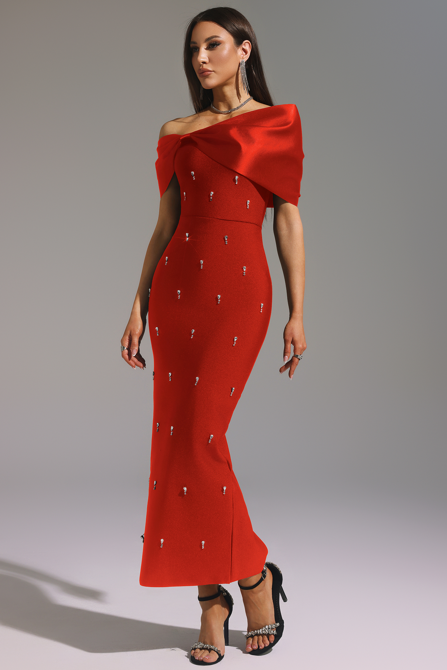 Palez Sleeveless One Shoulder Diamond Bow Bandage Maxi Dress