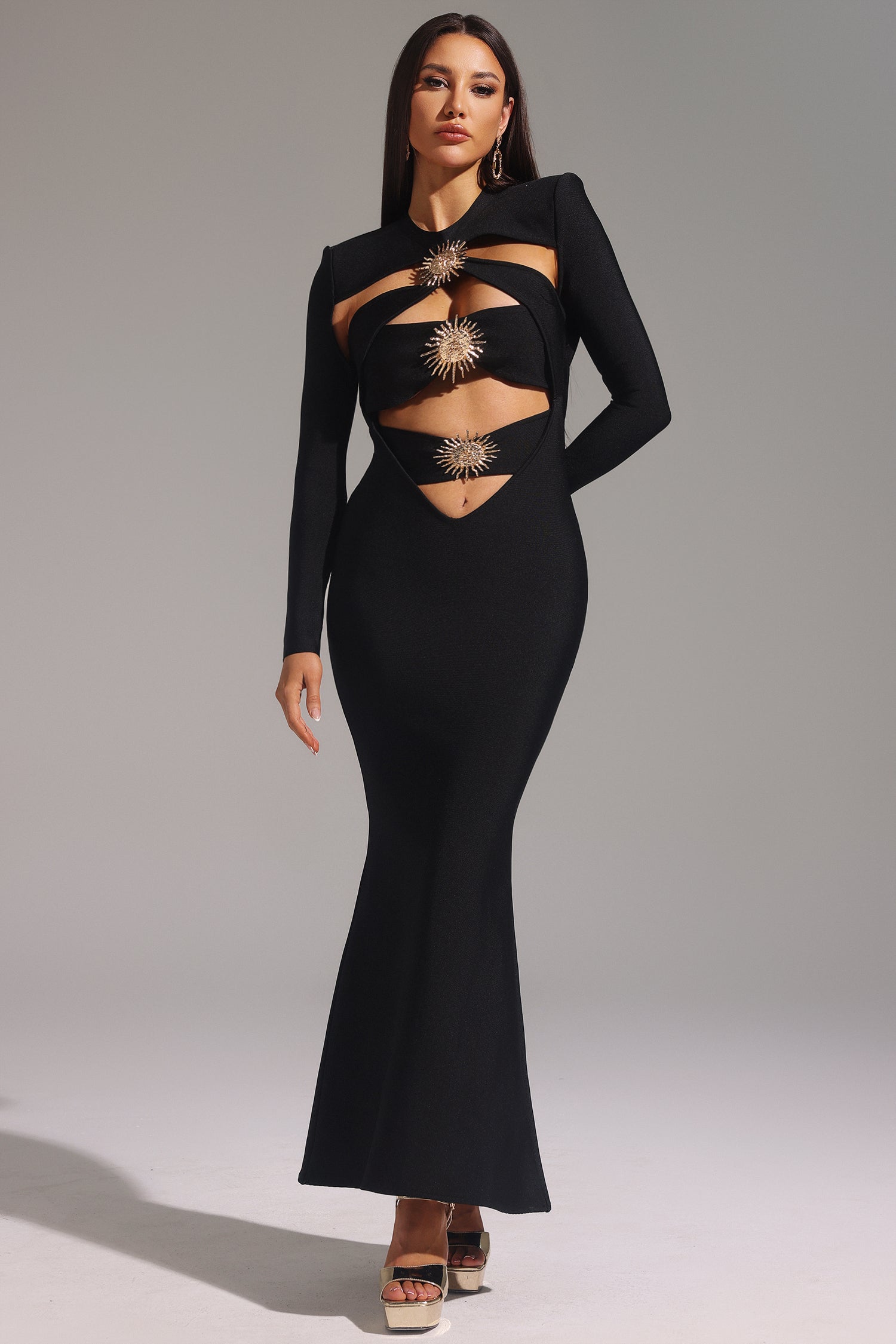 Filasy Long Sleeve Hollow Out Fishtail Bandage Maxi Dress
