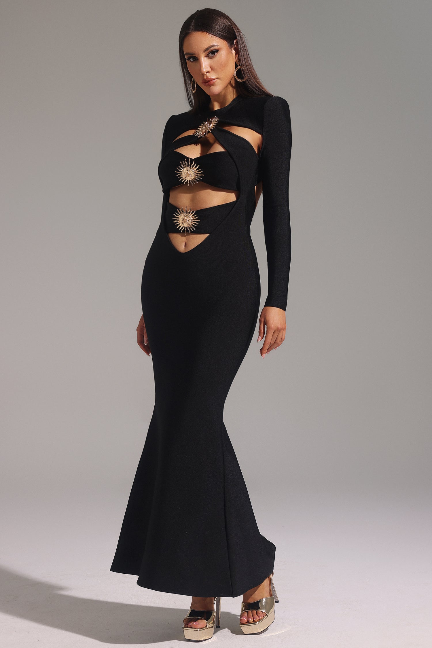 Filasy Long Sleeve Hollow Out Fishtail Bandage Maxi Dress