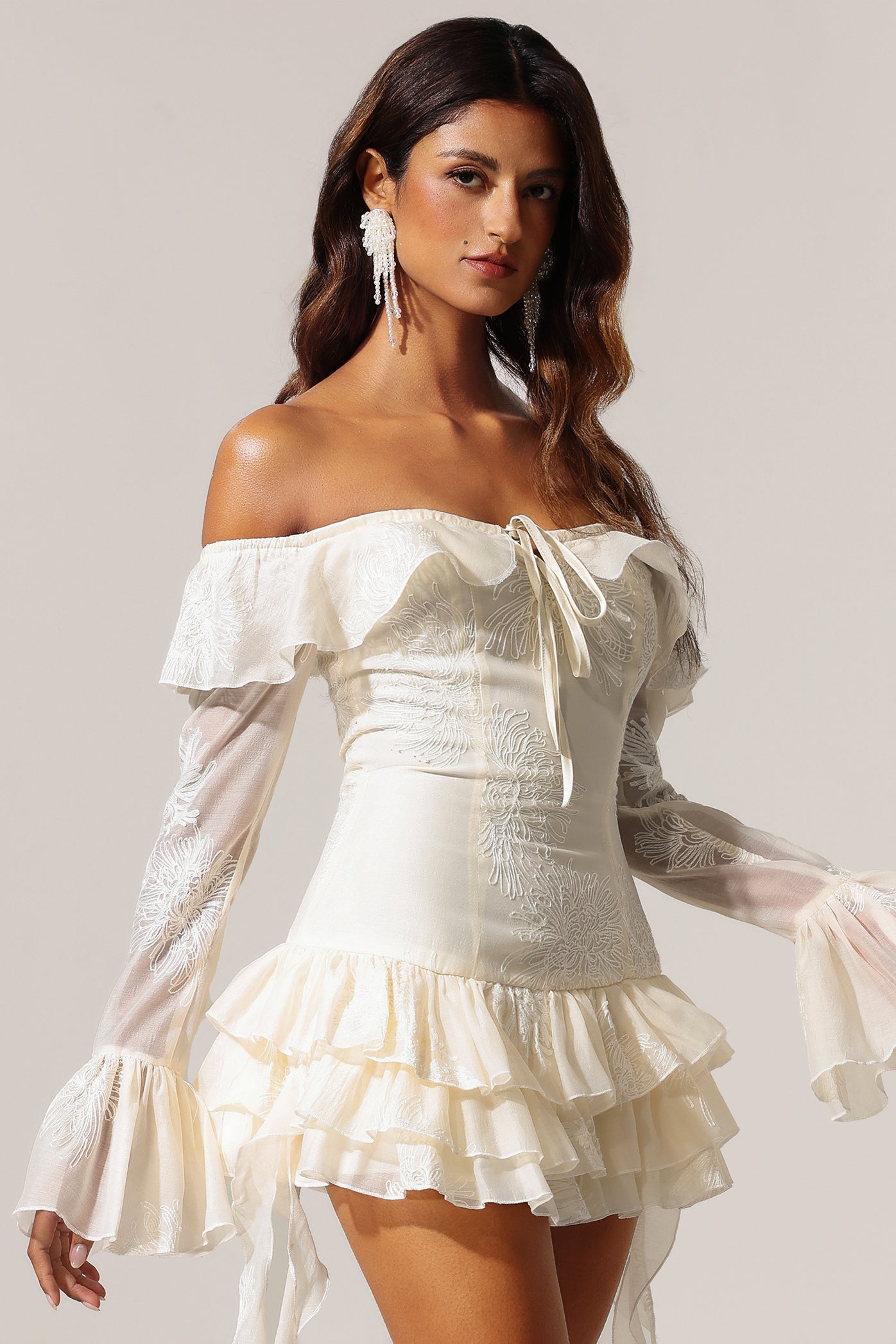 Wenie Off-the-Shoulder Long Sleeve Flounce Mini Dress