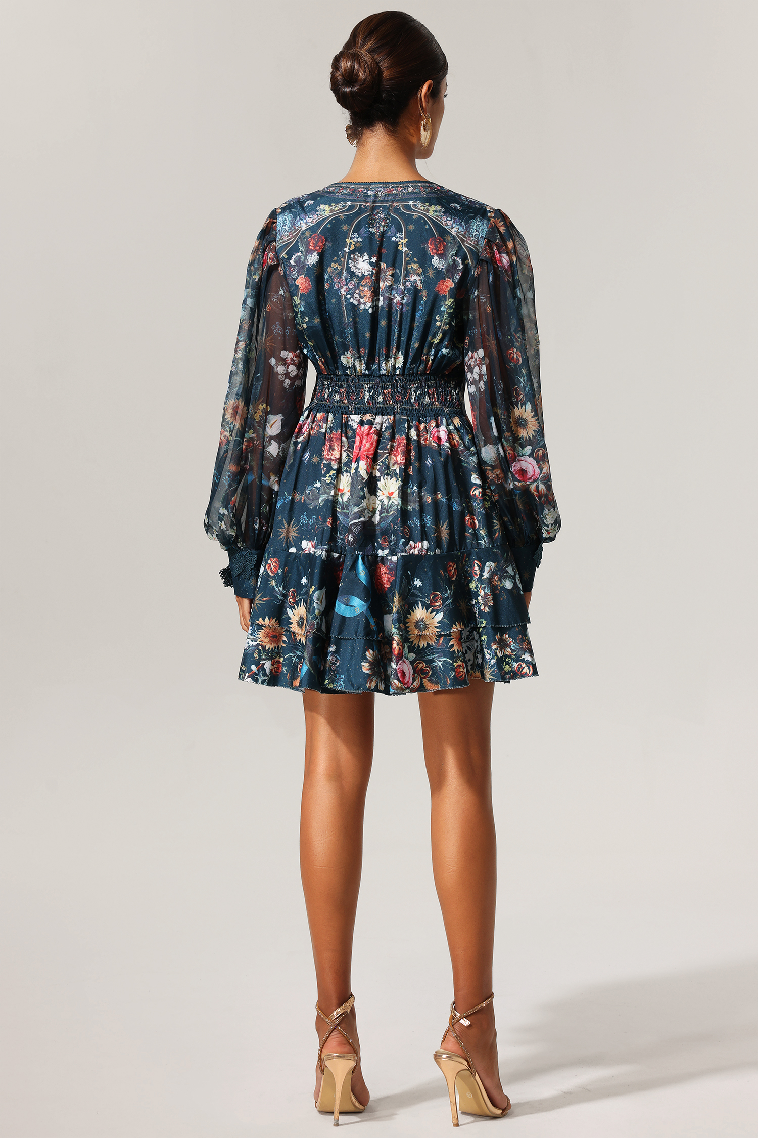 Lina V-Neck Floral Printed Long Sleeves Mini Dress