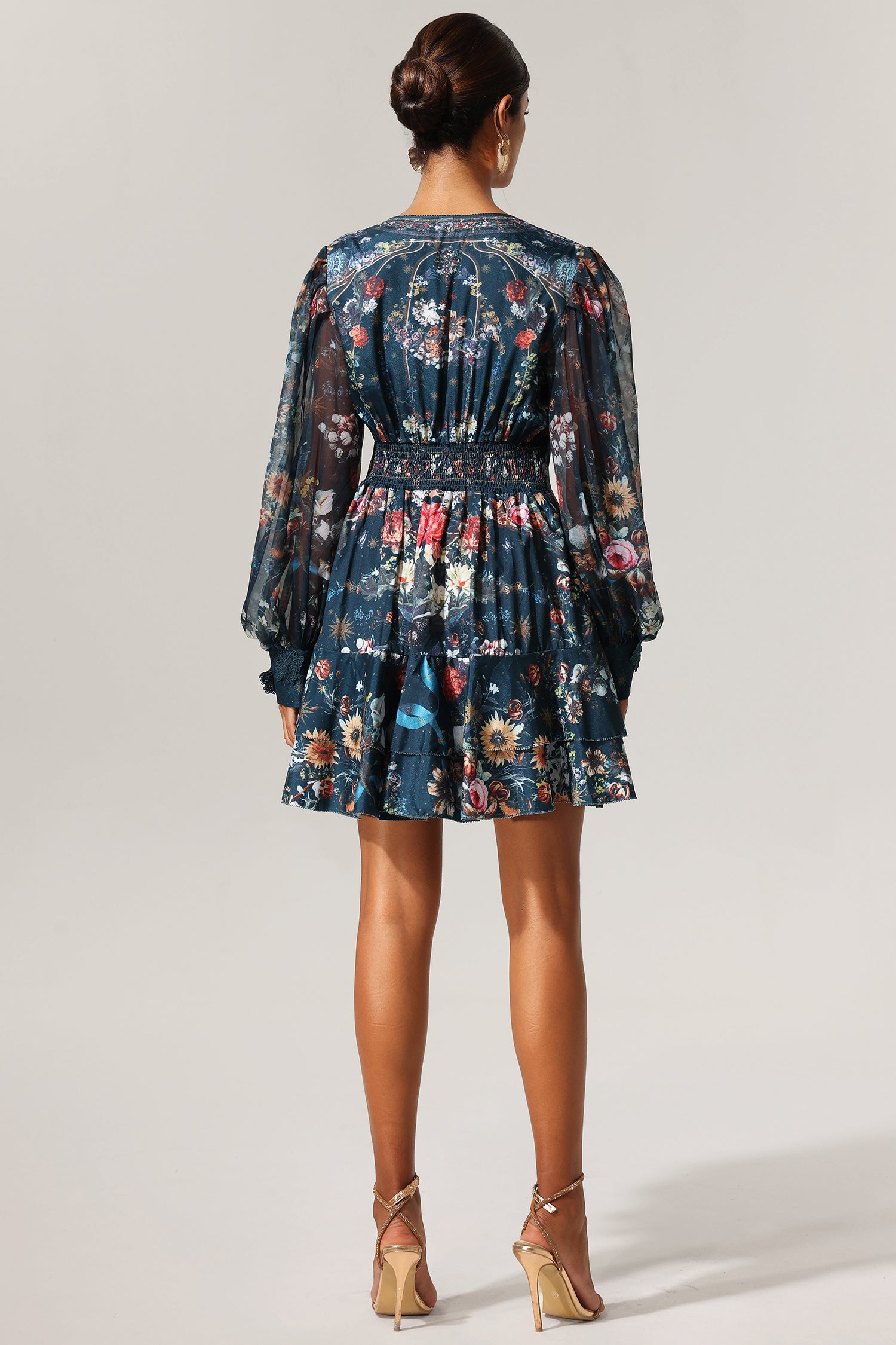 Lina V-Neck Floral Printed Long Sleeves Mini Dress